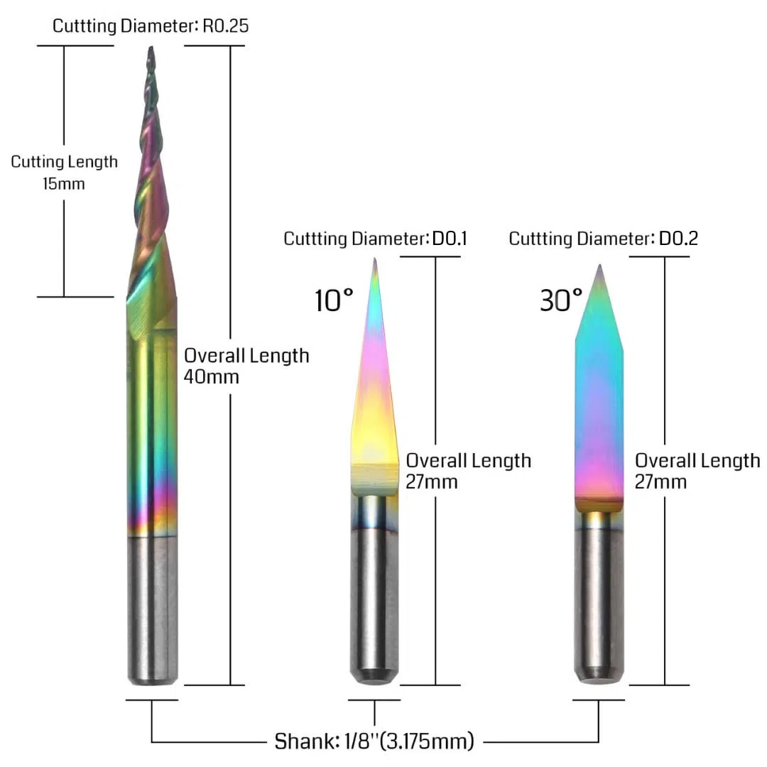 Genmitsu 3 frese coniche a forma di V, rivestimento cromatico, fusto da 3,175 mm, 2 inondazioni, carburo di tungsteno, punte CNC per lavorazione 3D, EM03A
