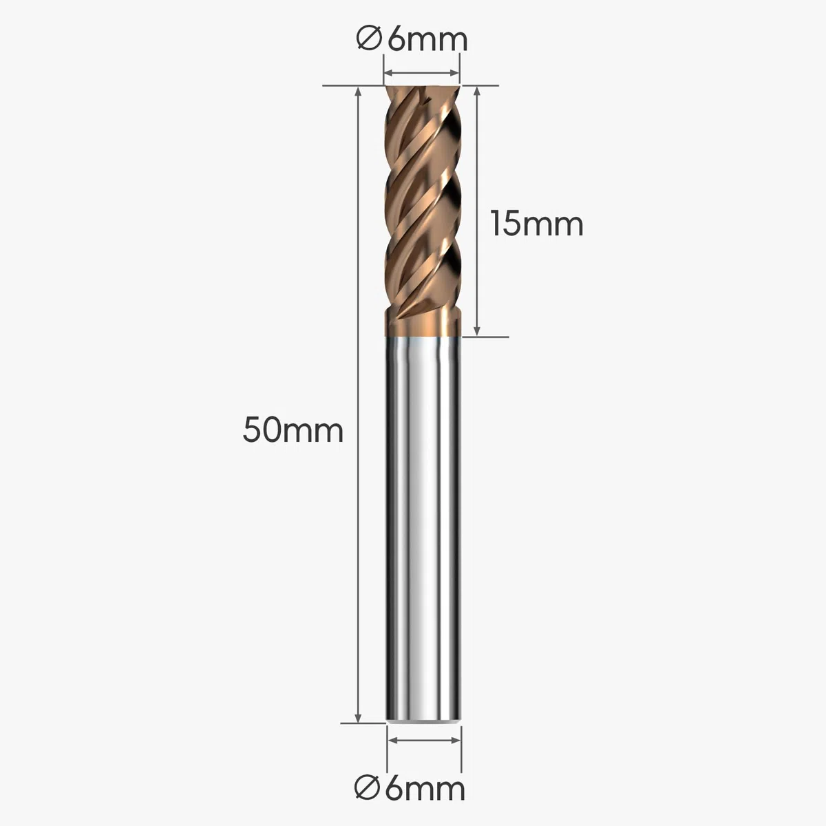 1 fresa in metallo duro, fresa quadrata da 6 mm, rivestimento AlTiN, 4 lame CNC a spirale, lunghezza lama 15 mm x lunghezza totale 50 mm x diametro gambo 6 mm per metallo e legno