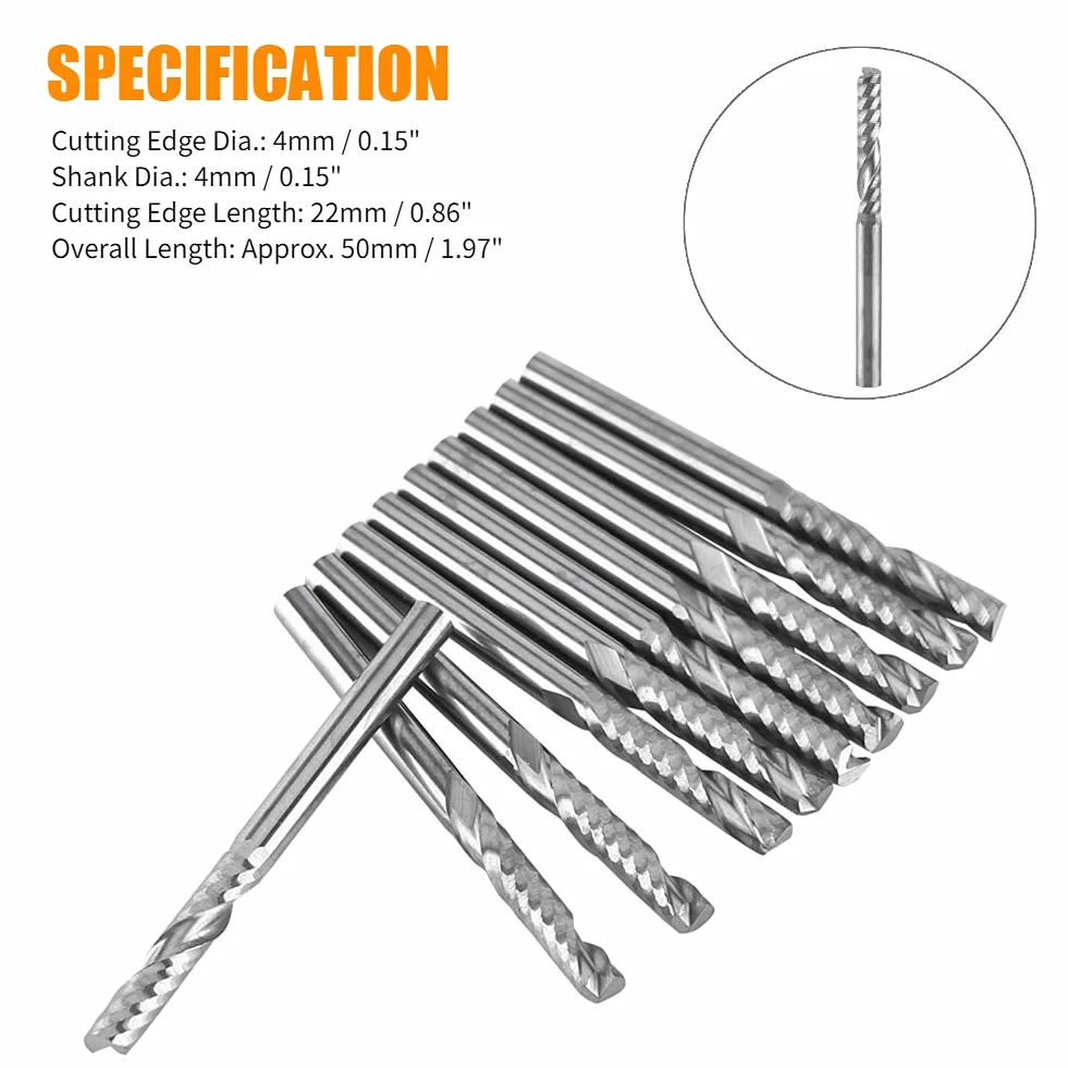 Set di frese, frese a spirale in carburo di tungsteno 10 pezzi Frese a singolo flauto Frese a CNC Codolo 4 mm