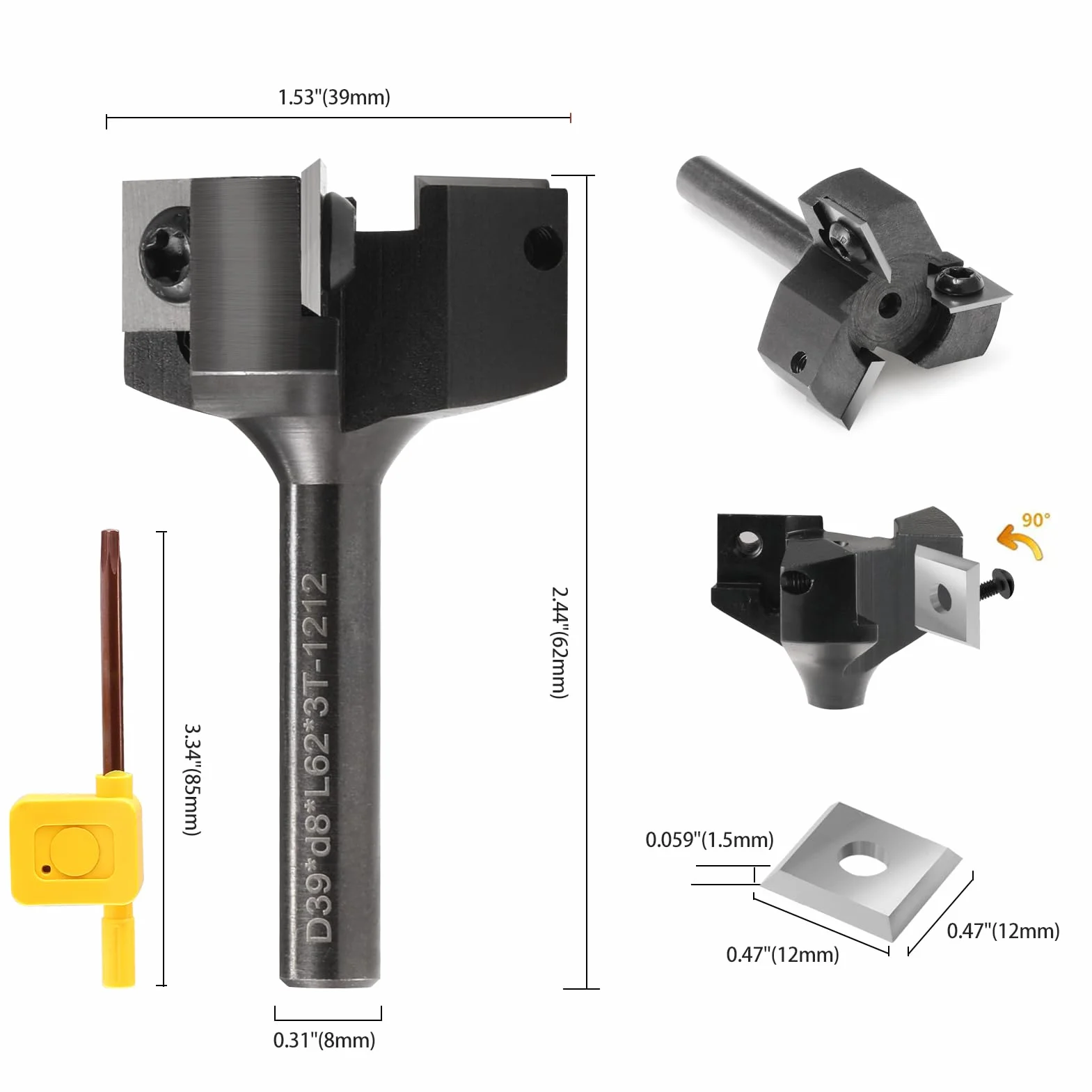 Fresa per piani, fusto da 8 mm, 3 flauti con lame in metallo duro intercambiabili (12 x 12 x 1,5 mm, 35°) per legno diametro 39 mm, fresa CNC per la pulizia delle fresatrici/macchine CNC