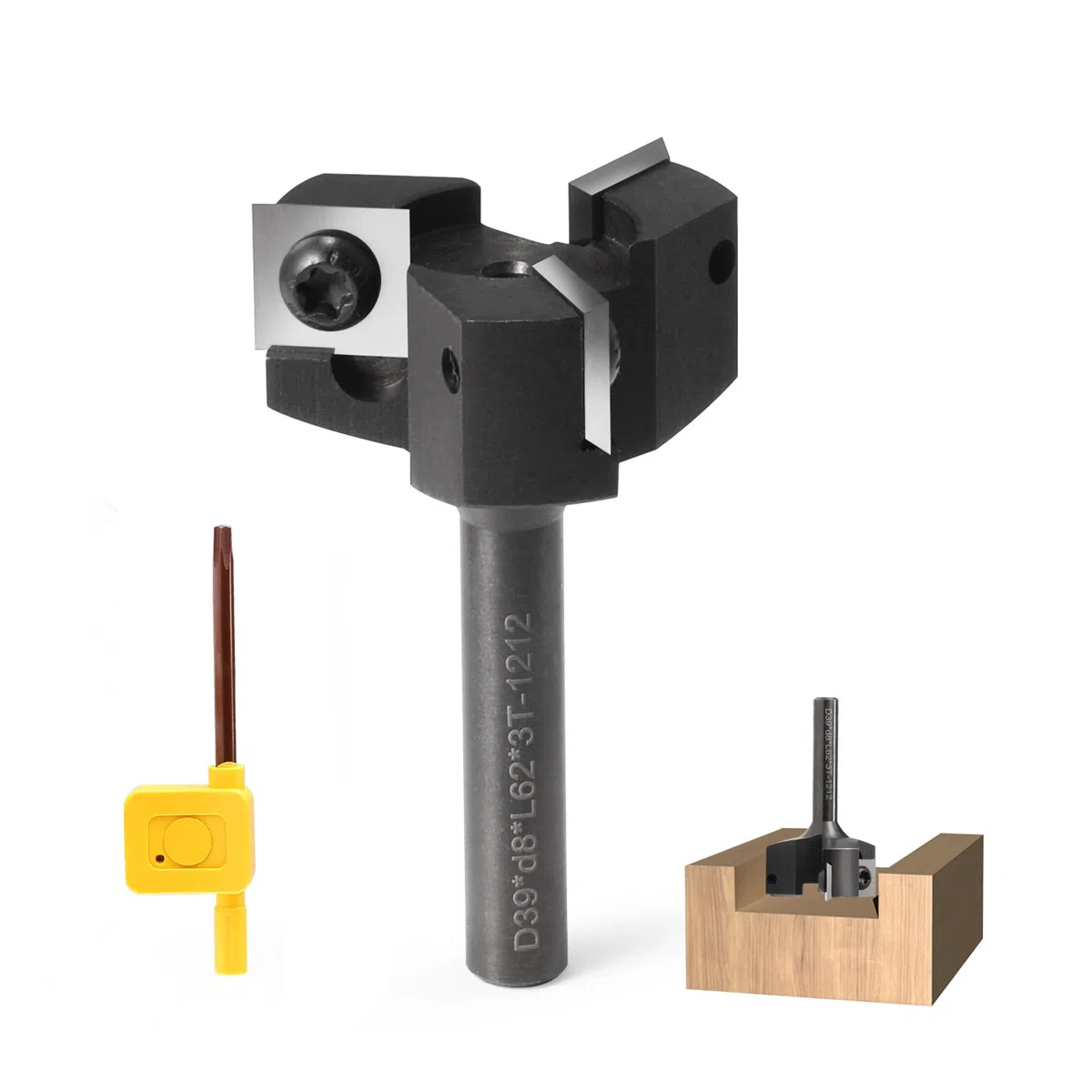 Fresa per piani, fusto da 8 mm, 3 flauti con lame in metallo duro intercambiabili (12 x 12 x 1,5 mm, 35°) per legno diametro 39 mm, fresa CNC per la pulizia delle fresatrici/macchine CNC