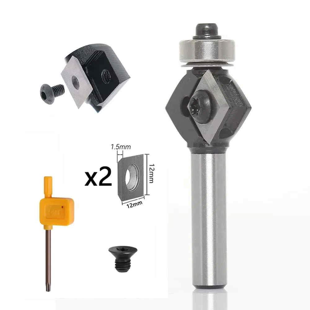 Fresa a smusso, fresa superiore con 4 lati in metallo duro intercambiabile diametro 27 mm, lunghezza utile 12 mm, angolo 45°, con cuscinetto a sfera.
