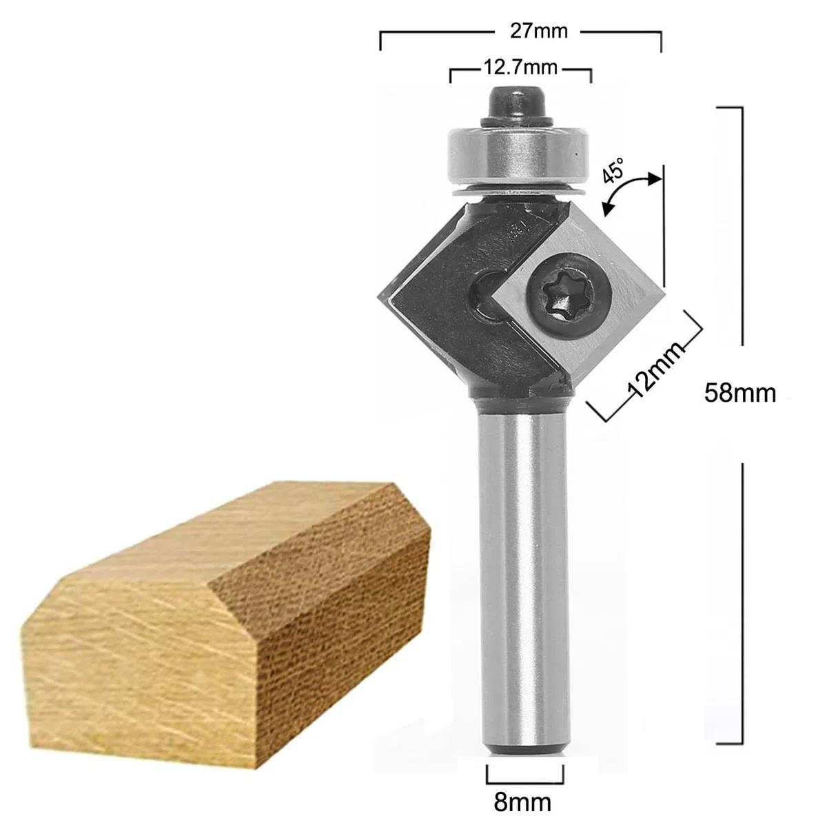 Fresa a smusso, fresa superiore con 4 lati in metallo duro intercambiabile diametro 27 mm, lunghezza utile 12 mm, angolo 45°, con cuscinetto a sfera.