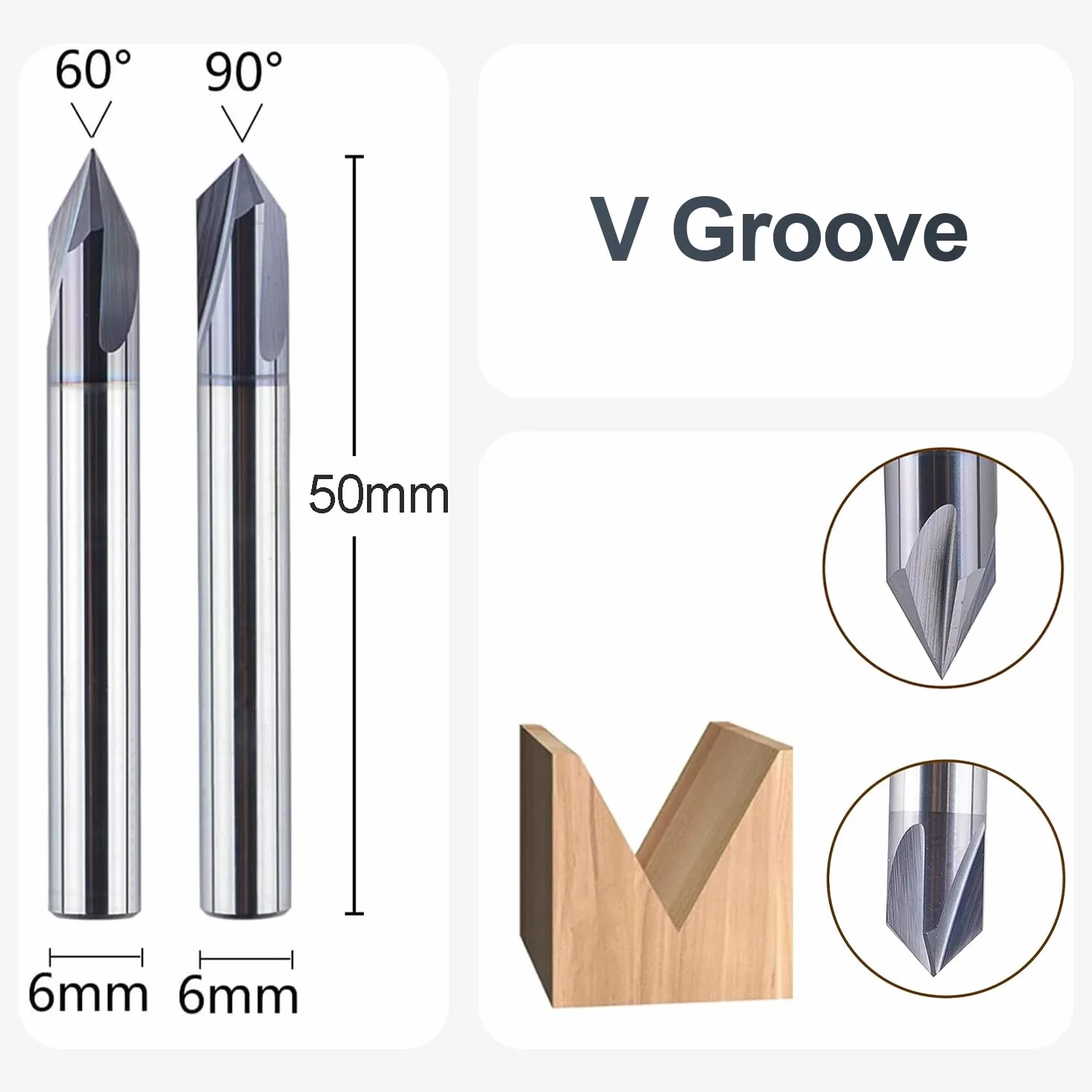 SpeTool Fresa per incisione, 6 mm, codolo 60 gradi e 90 gradi V, fresa per scanalature VHM 3 flauti, fresa CNC per legno con rivestimento TiAlN