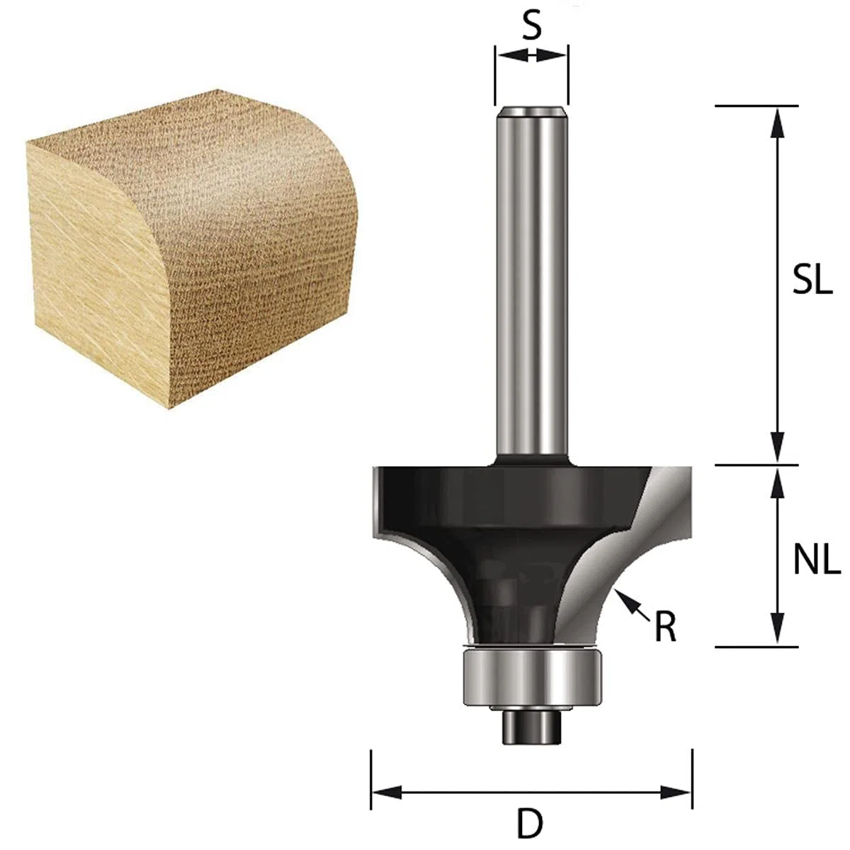 ENT 14301 Fresa ad arrotondamento, gambo (S) 8 mm, diametro (D) 43 mm, NL 15 mm, R 15 mm, SL 32 mm, con cuscinetto a sfere