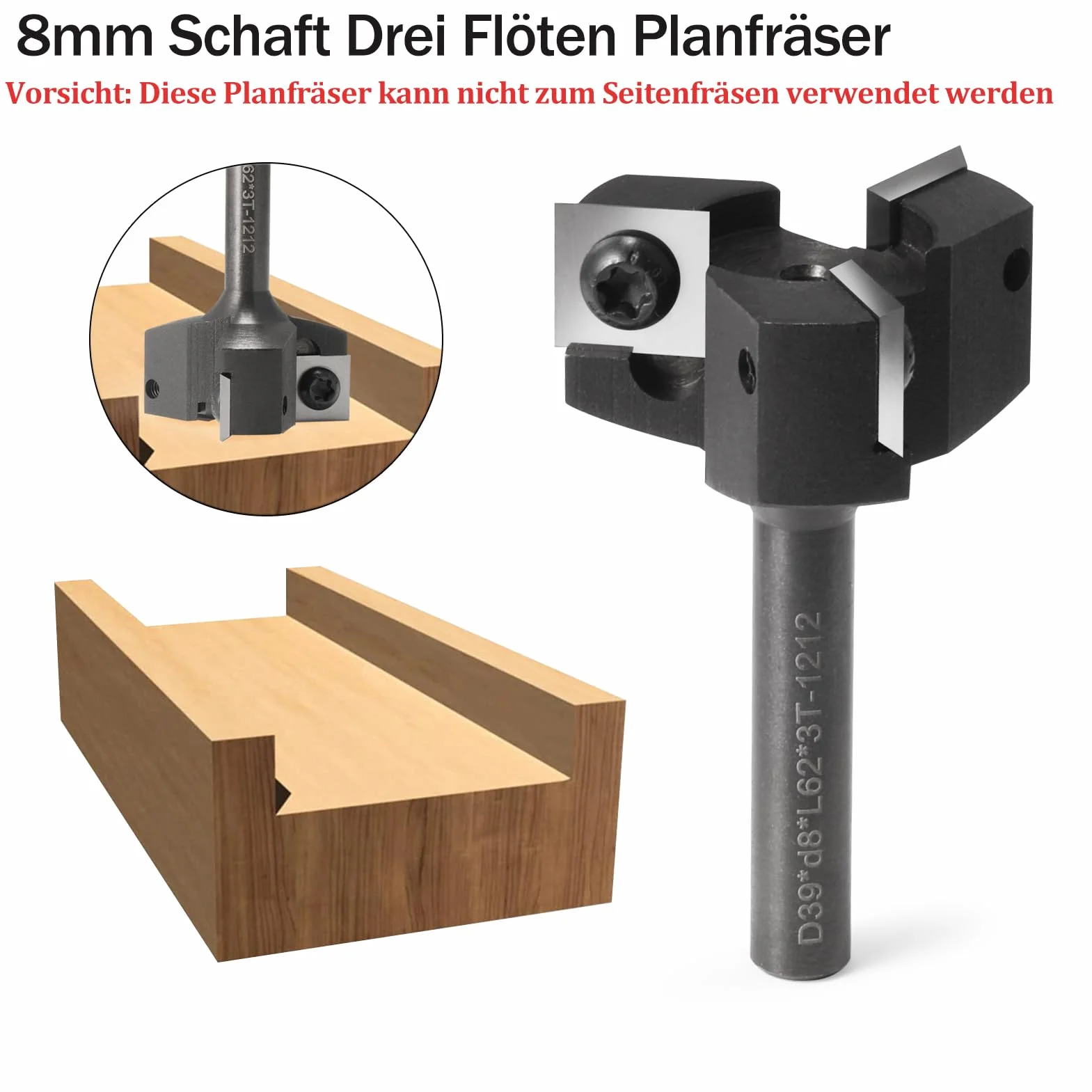 Fresa per piani, fusto da 8 mm, 3 flauti con lame in metallo duro intercambiabili (12 x 12 x 1,5 mm, 35°) per legno diametro 39 mm, fresa CNC per la pulizia delle fresatrici/macchine CNC