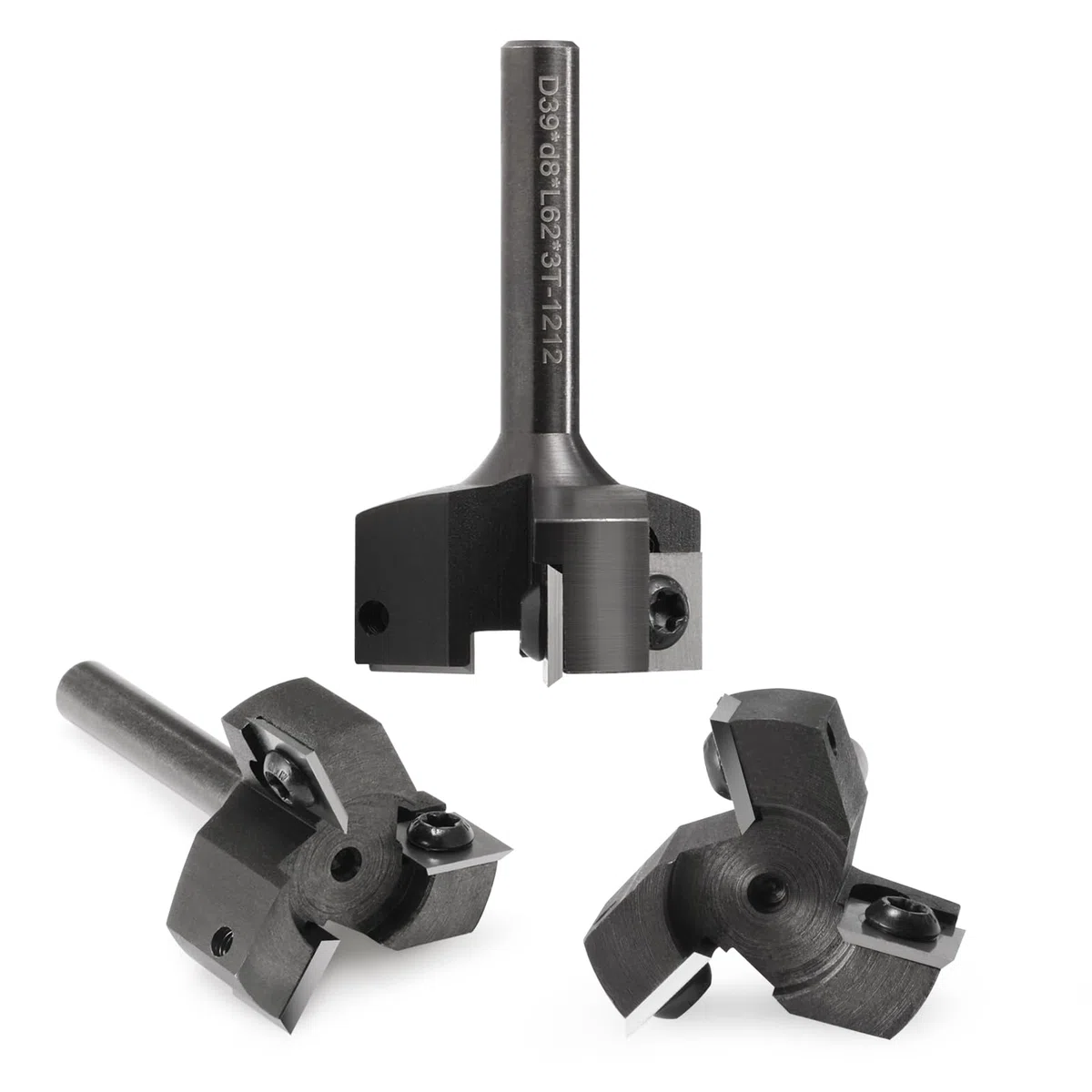 Fresa per piani, fusto da 8 mm, 3 flauti con lame in metallo duro intercambiabili (12 x 12 x 1,5 mm, 35°) per legno diametro 39 mm, fresa CNC per la pulizia delle fresatrici/macchine CNC