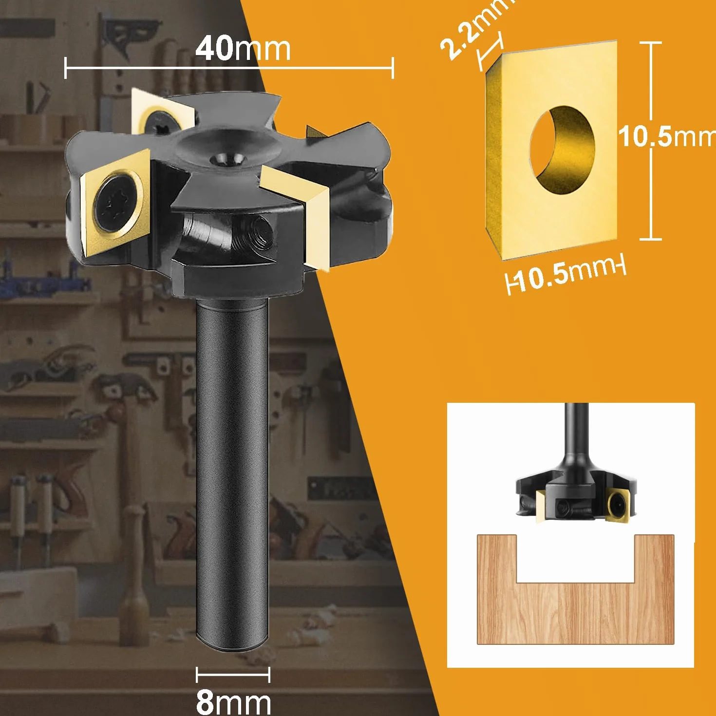 SpeTool Fresa per Spianare Fresa per Legno Gambo 8mm Fresa CNC Fresa a Spianare Diametro di Taglio 40mm con 4 Inserti Fraiser Rivestimento ATS in Carburo di Tungsteno Fresatrice Verticale Legno