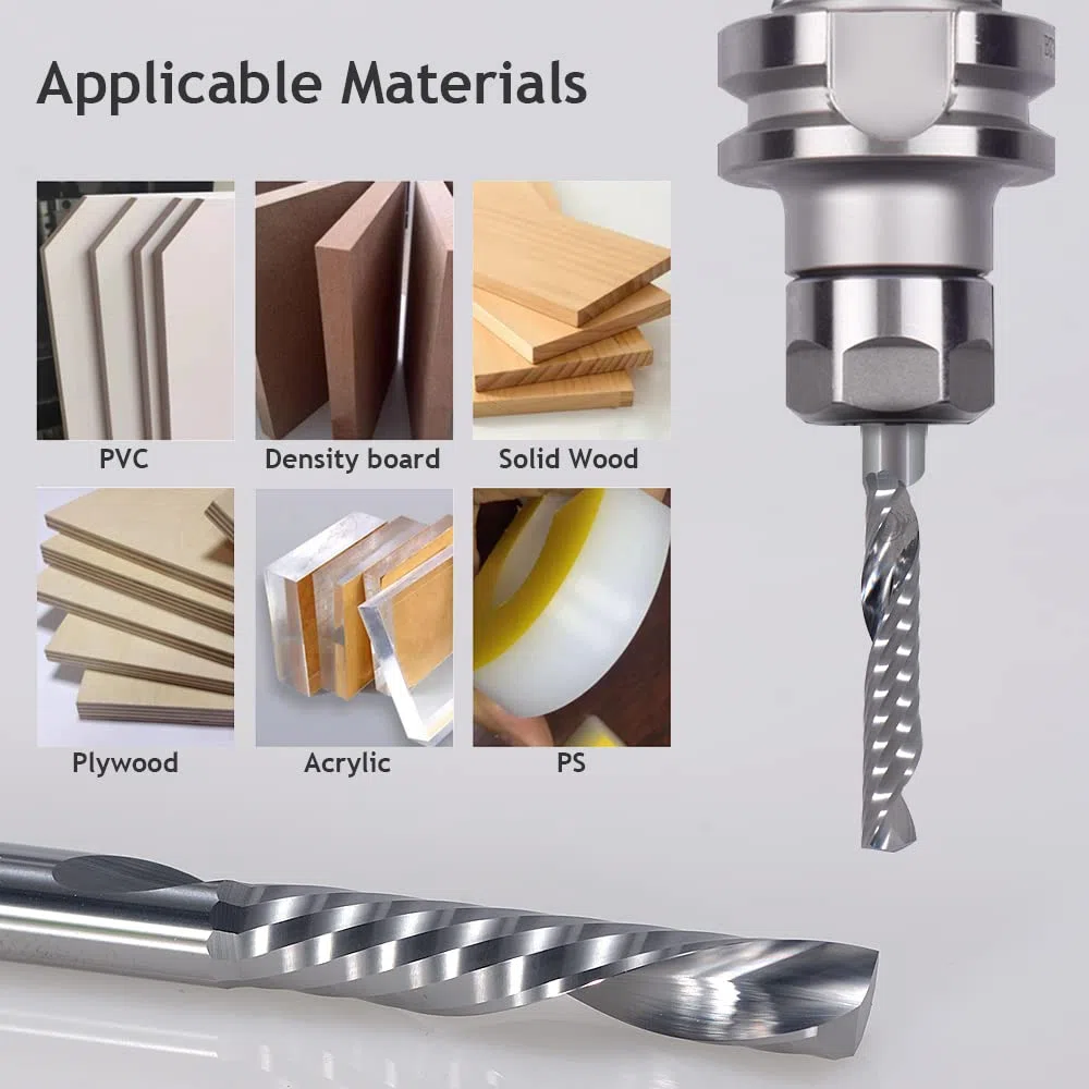 Flauto singolo da 3.175mm tagliato verso il basso (O-flauto) a spirale End Mill CNC, con taglio da 2 mm, lunghezza di taglio da 17 mm, confezione da 5