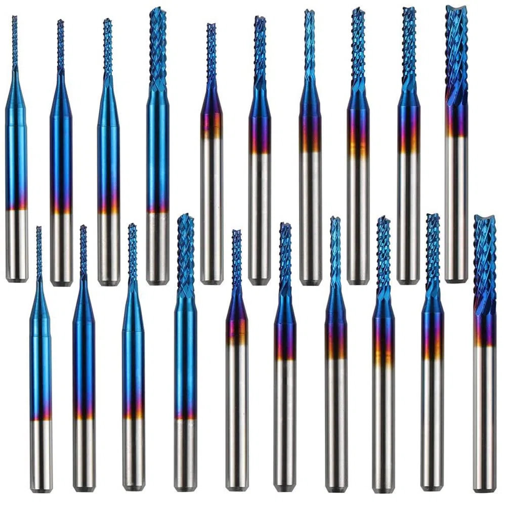 ASNOMY 20 frese CNC Nano Blue Coat, 0,8 – 3,175 mm CNC Router Bit con gambo da 1/8", set di punte per fresatura CNC per plastica, alluminio, circuiti stampati, legno