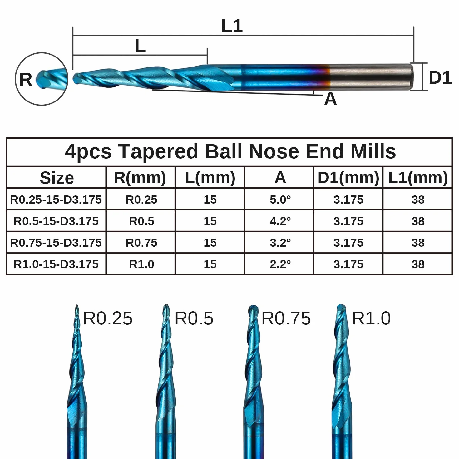 Genmitsu TB04A Frese a spirale a 2 flauti, con punta arrotondata, in carburo di tungsteno, con rivestimento Nano blu, R0.25-1.0, gambo da 1/8'', 4 pezzi