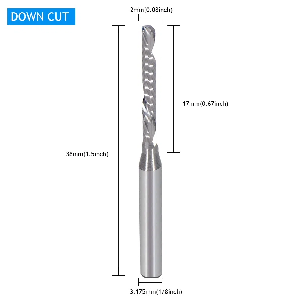 Flauto singolo da 3.175mm tagliato verso il basso (O-flauto) a spirale End Mill CNC, con taglio da 2 mm, lunghezza di taglio da 17 mm, confezione da 5