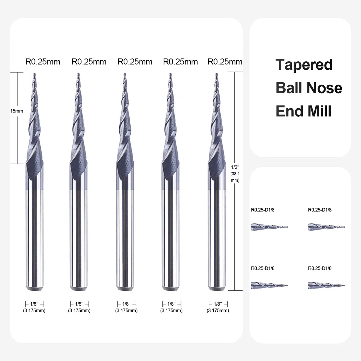 SpeTool 5 Pezzi Fresa Conica 0,25 Raggio per Legno Gambo 1/8'' CNC in Metallo Duro Massiccio Sferica con Rivestimento TiAlN per Intaglio e Incisione 2D e 3D
