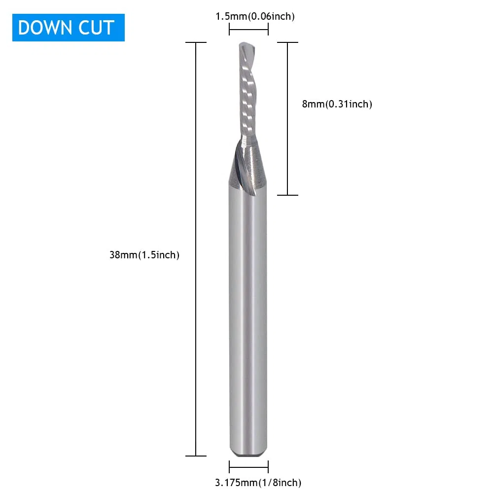 1/8 pollici taglio verso il basso singolo flauto (O-flauto) Spirale End Mill CNC fresa punte, con taglio da 1/16 pollici, lunghezza di taglio 5/16 pollici per acrilico PVC MDF confezione da 5