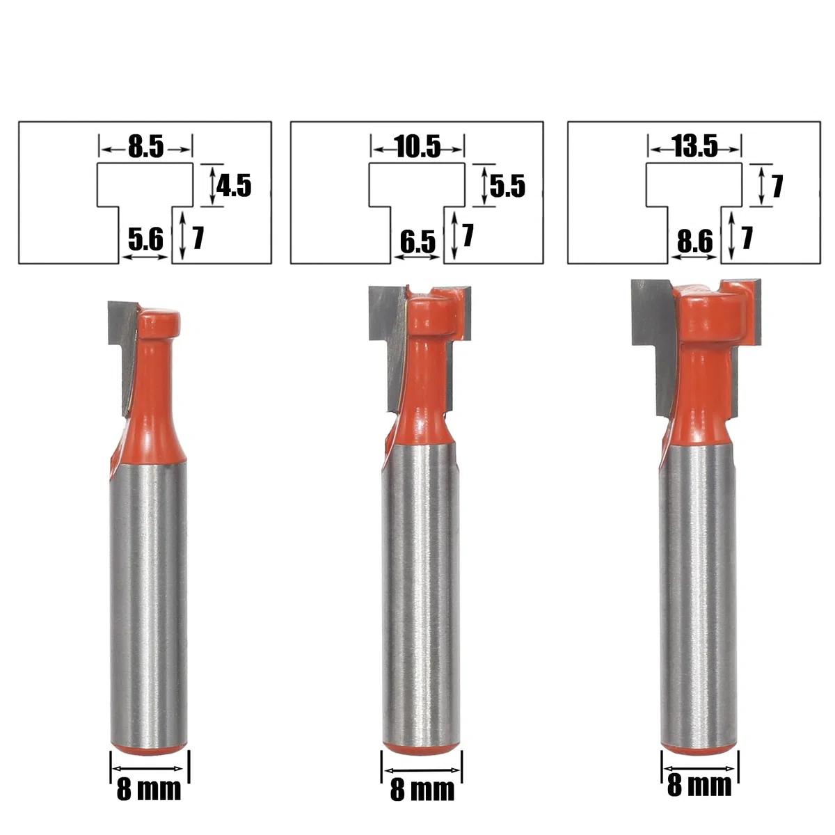 Fresa a T da 5 Pezzi, Gambo da 8 mm, per Lavorazione del Legno