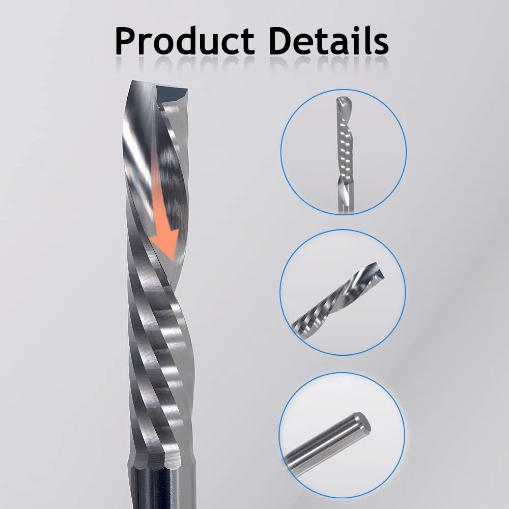 Flauto singolo da 3.175mm tagliato verso il basso (O-flauto) a spirale End Mill CNC, con taglio da 2 mm, lunghezza di taglio da 17 mm, confezione da 5