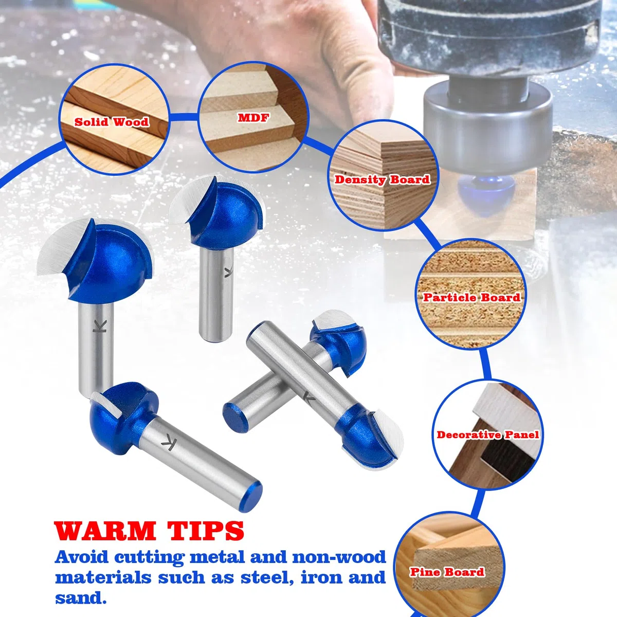 ASNOMY Professionale Punte Fresa per Legno in metallo duro 8 mm,22mm Fresa con bordo arrotondato, fresa a rotonda per legno, per la lavorazione del legno